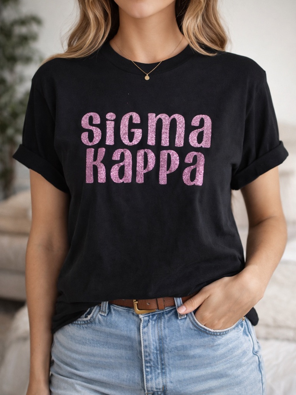 Black Sigma Kappa Graphic Tee with Pink Glitter Lettering